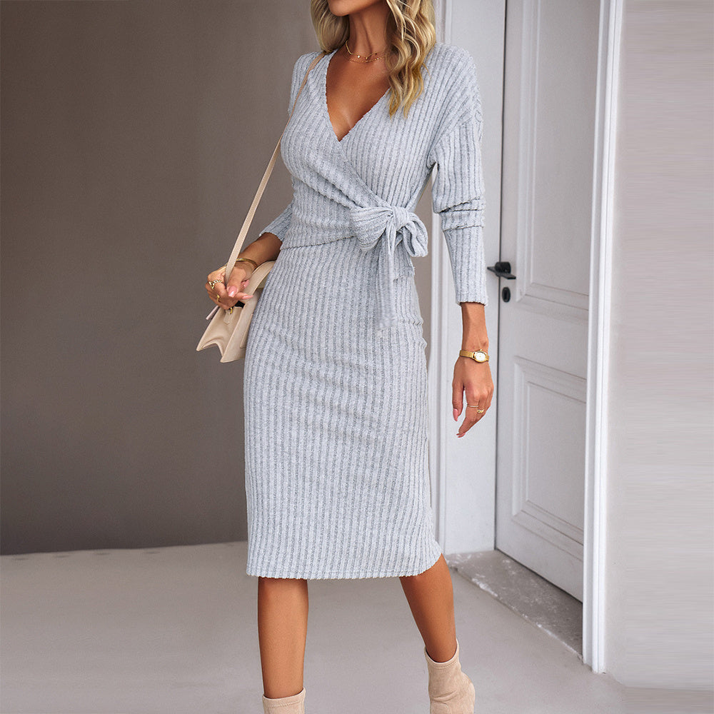 Elegant Style V-Neck Light Grey Midi Dress